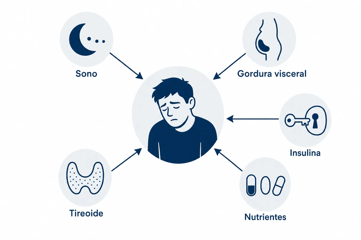 Infográfico mostrando que os sintomas da andropausa, como cansaço e queda da libido, se sobrepõem a outras causas como sono ruim, gordura visceral, resistência à insulina e falta de nutrientes