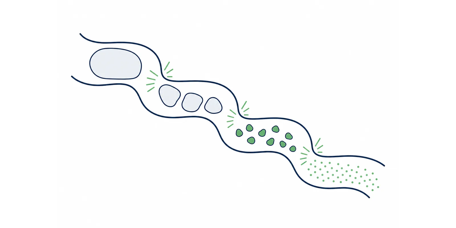Ilustração sobre enzimas digestivas, com o alimento sendo quebrado em pedaços cada vez menores ao longo do tubo digestivo