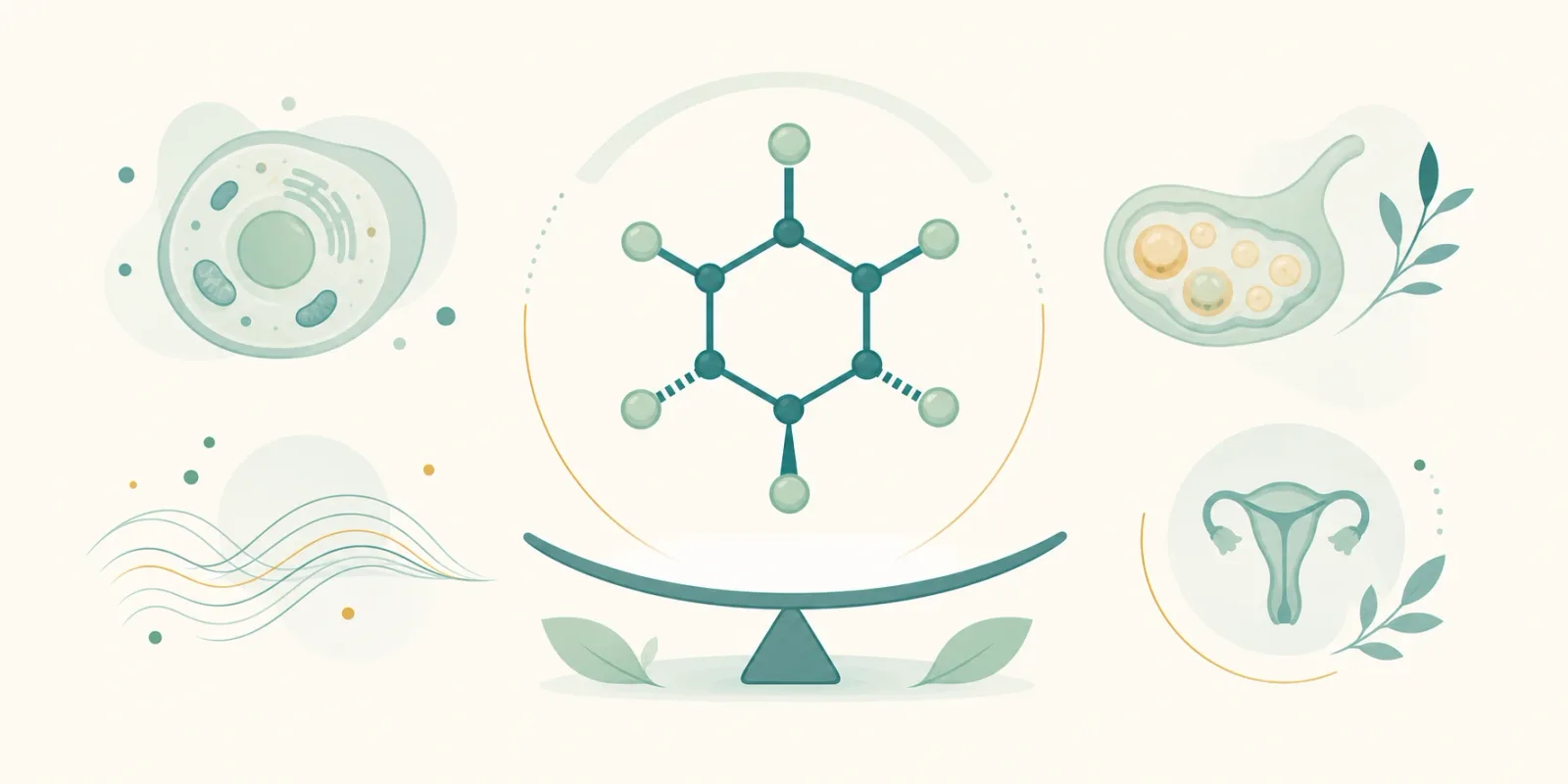 Ilustração da molécula de inositol em equilíbrio com símbolos de metabolismo e hormônios femininos, fundo claro