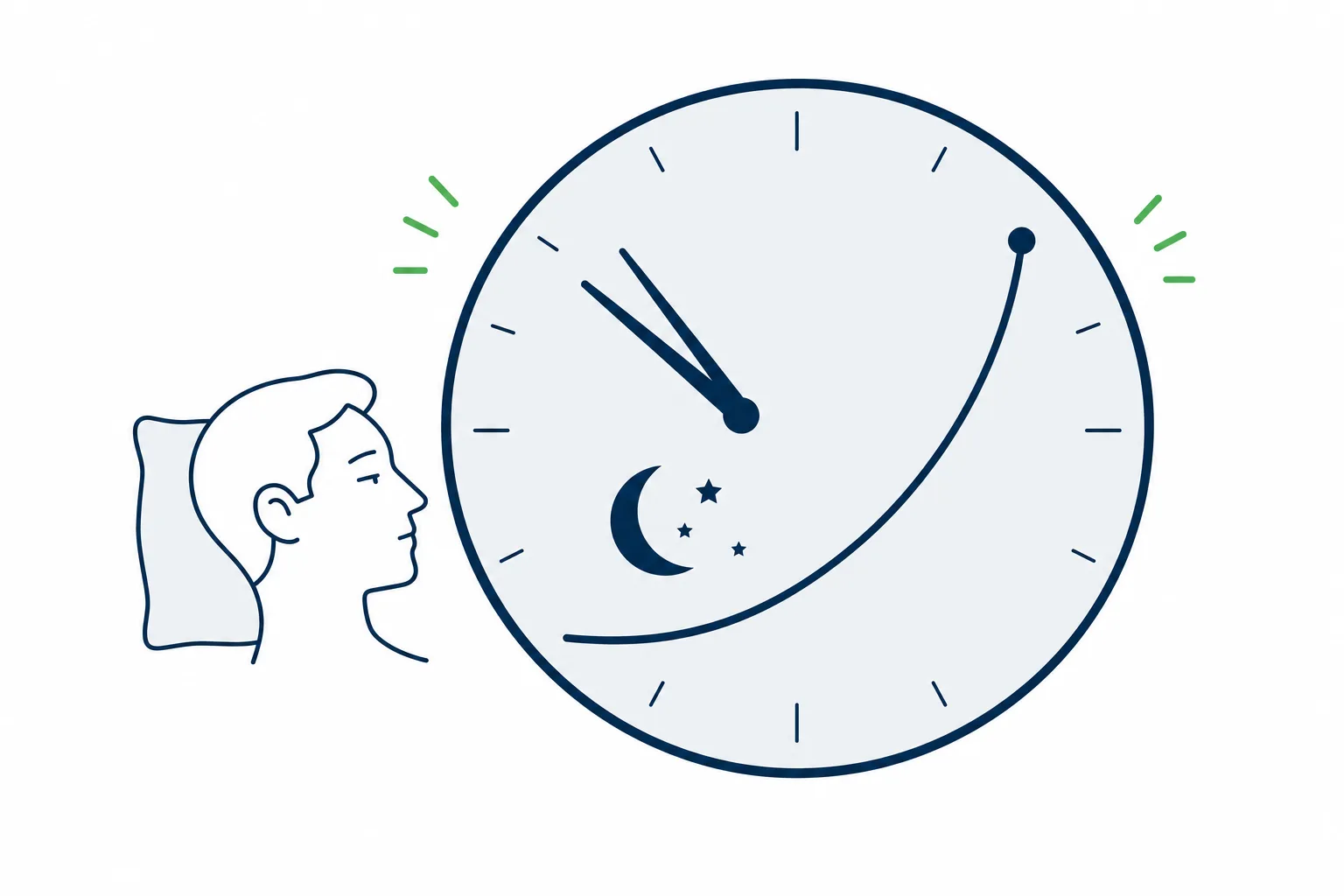 Ilustração sobre as causas da insônia, com o relógio da noite e a curva do cortisol subindo na hora errada