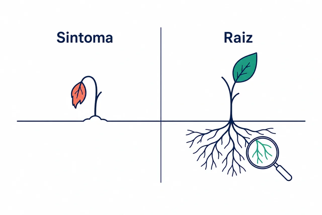 Infográfico comparando duas abordagens, uma que trata só o sintoma na superfície e outra que investiga a raiz embaixo, no estilo flat da marca