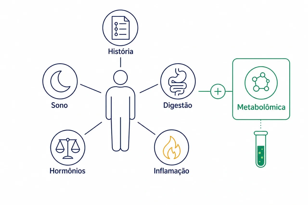 Infografico mostrando o que a consulta funcional integrativa avalia: historia, sono, digestao, hormonios, inflamacao e a metabolomica somada aos exames de sempre