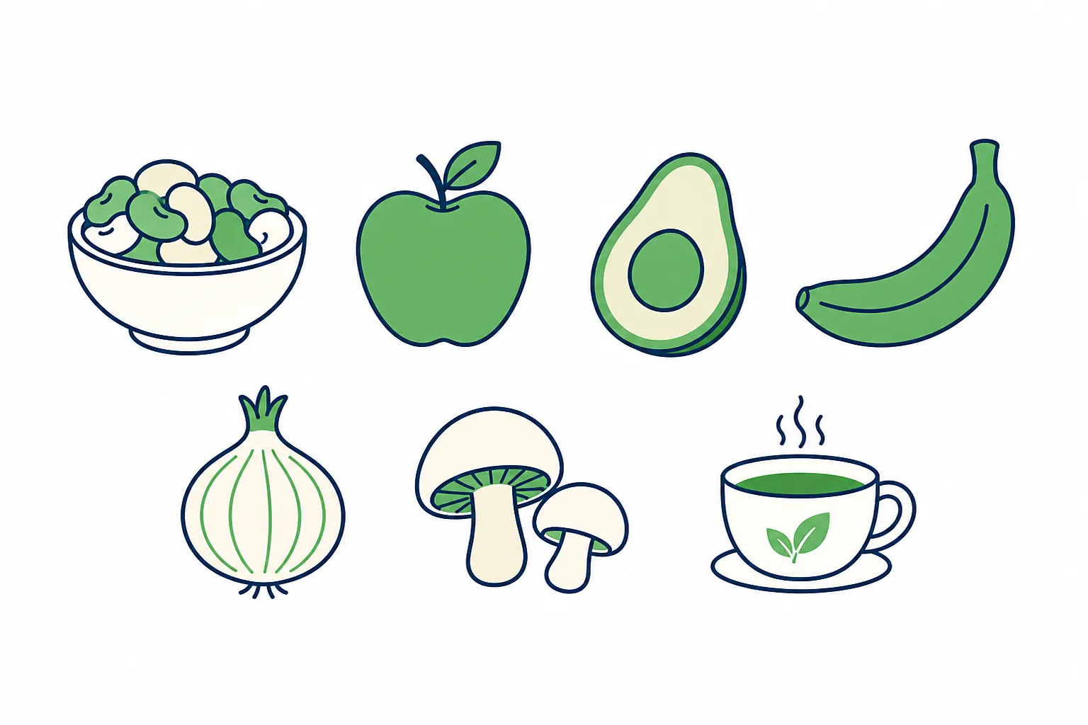 Infográfico com alimentos prebióticos, mostrando feijão, maçã, abacate, banana verde, cebola, cogumelos e chá como fontes de fibras e polifenóis