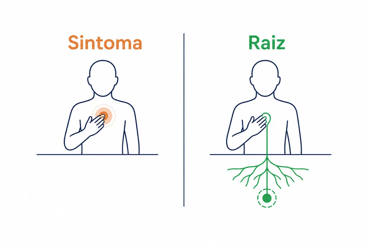 Infográfico comparando o modelo que trata só o sintoma com o modelo que investiga a raiz do problema