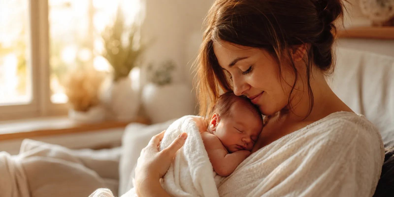 Mãe segurando o bebê com carinho em um momento tranquilo e acolhedor