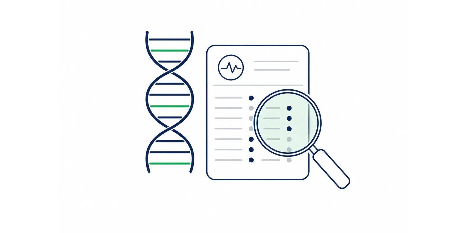 Ilustração de uma hélice de DNA ao lado de um relatório com lupa, em azul-marinho e verde