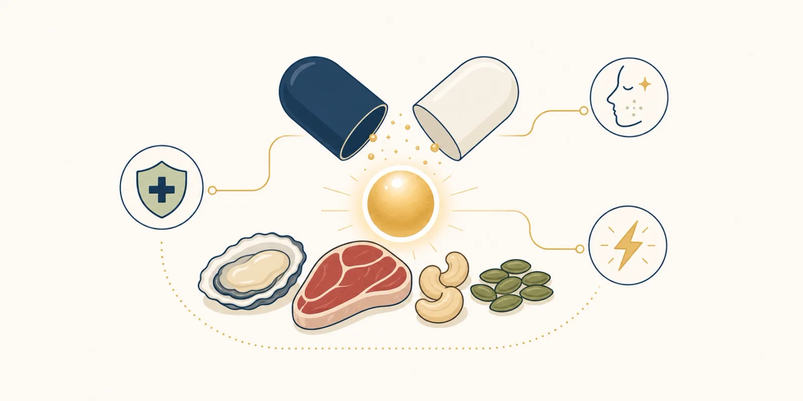 Ilustração flat de alimentos fontes de zinco com ícones de imunidade, pele e energia
